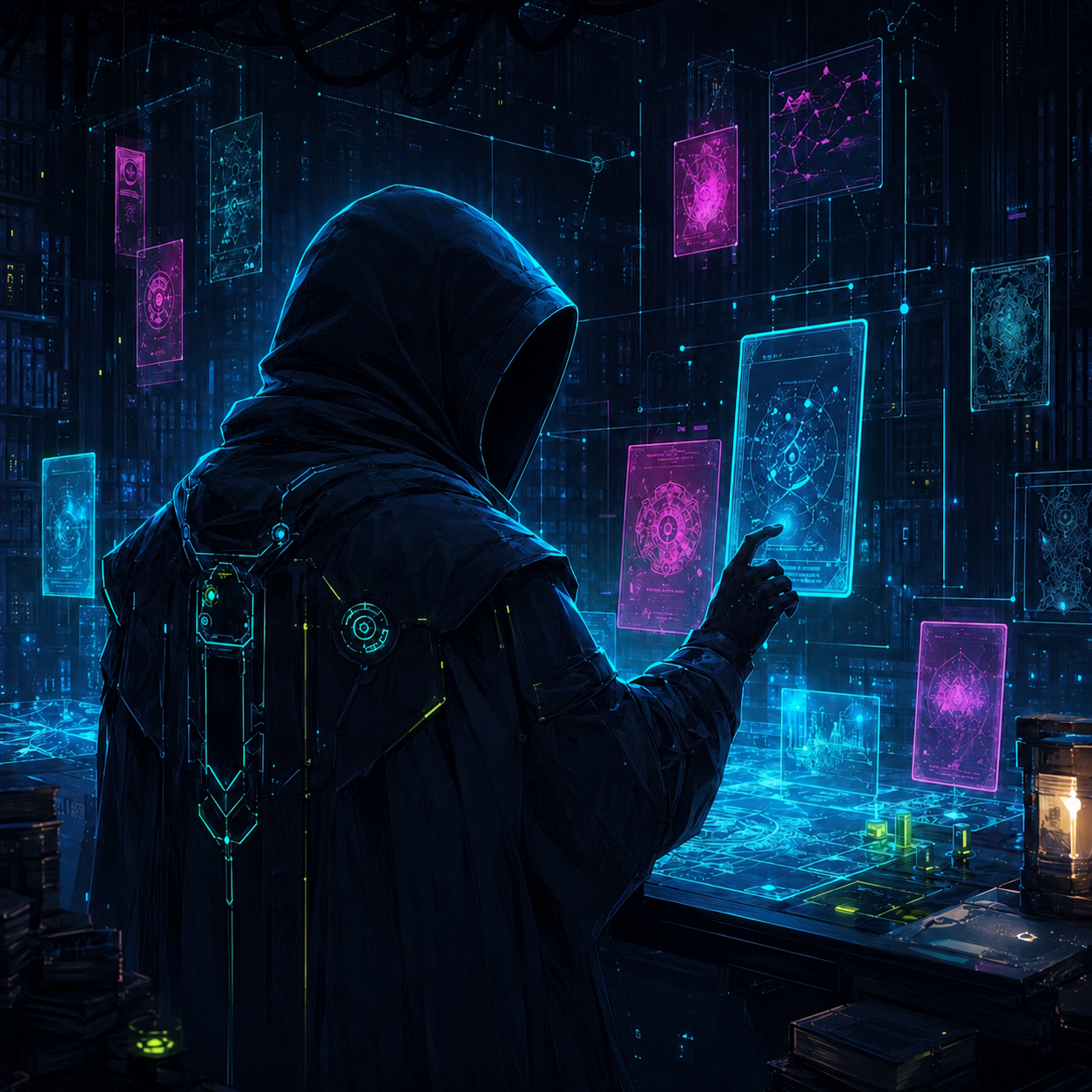 Silhouette anonyme d’un archiviste cyberpunk consultant des cartes holographiques